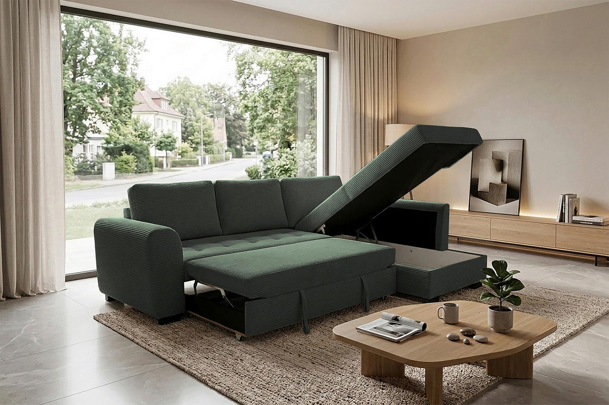 ECKSOFA JOHN Grün Cord Rückenkissen, Bettkasten, Liegefläche im Originalstoff  - Schwarz/Grün, Trend, Kunststoff/Textil (239/178cm) - P & B