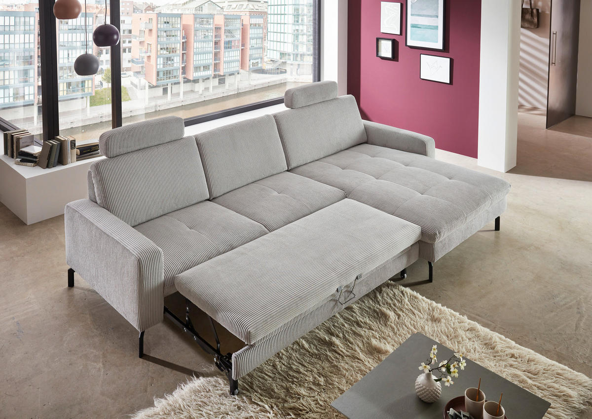 ECKSOFA in Cord Grau  - Schwarz/Grau, Design, Textil/Metall (302/178cm) - Beldomo Style