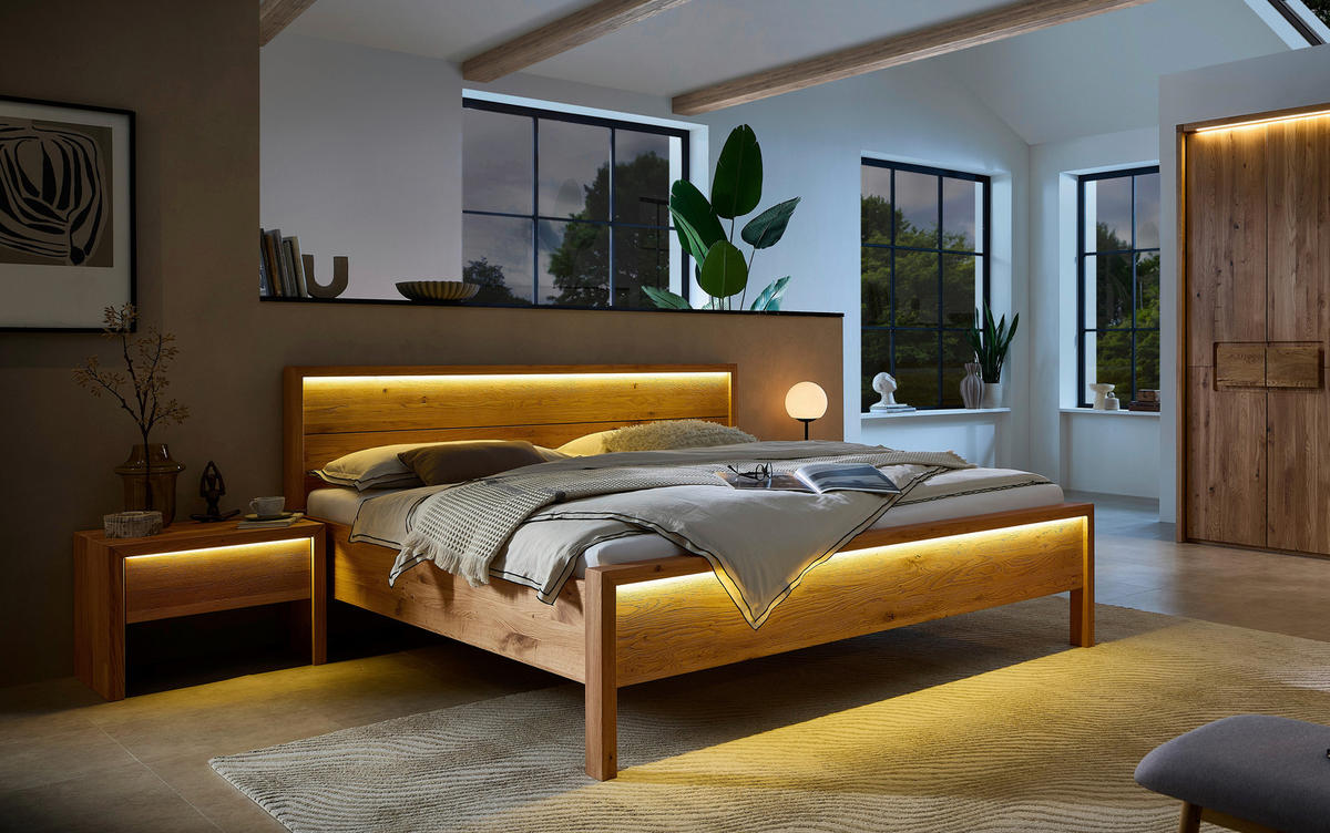 BETT 200/200 cm,  in Naturfarben, Wildeiche, Beleuchtung,  - Wildeiche/Naturfarben, MODERN, Holz (200/200cm) - MID.YOU