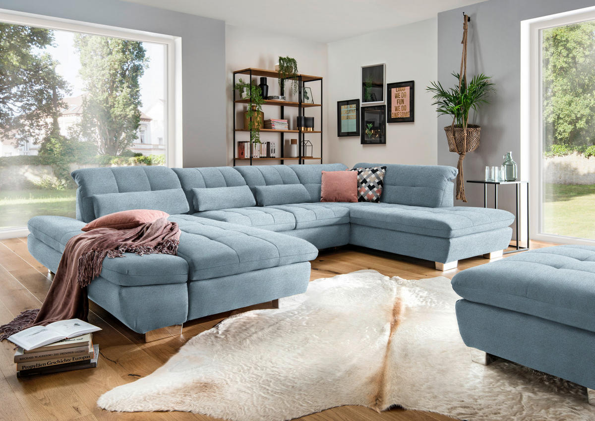 WOHNLANDSCHAFT in Mikrofaser Hellblau  - Chromfarben/Hellblau, Design, Kunststoff/Textil (204/350/211cm) - Xora