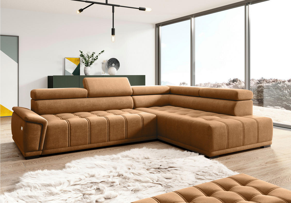 HÖRNSOFFA i chenille, vävt tyg rostfärgad  - svart/rostfärgad, Modern, textil/plast (283/106cm) - MID.YOU