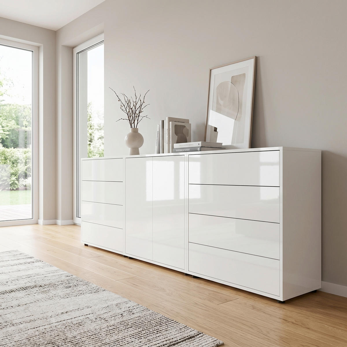 SIDEBOARD Mailand Set 4 237/73/33 cm 8 Schublade(n)  - Weiß Hochglanz/Schwarz, MODERN, Holzwerkstoff/Kunststoff (237/73/33cm) - MID.YOU