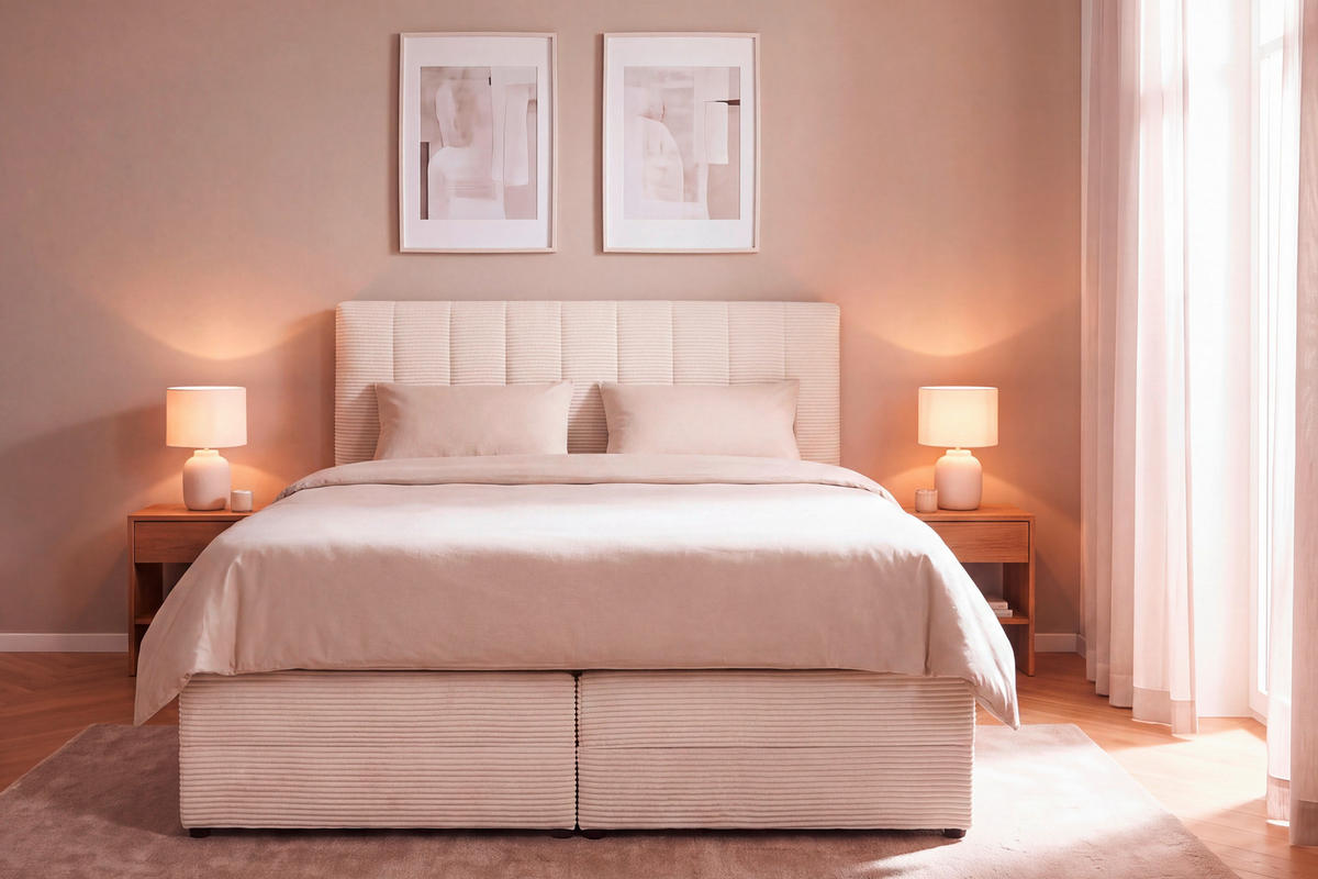 BOXSPRINGBETT 180/200 cm,  in Beige, gepolstertes Kopfteil, Bettkasten, Topper, Matratzen, H2 + H2 = mittel  - Beige/Schwarz, Basics, Kunststoff/Textil (180/200cm) - Boxxx