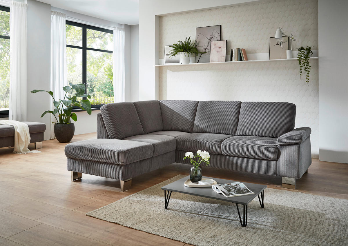 ECKSOFA in Cord Anthrazit  - Edelstahlfarben/Anthrazit, Konventionell, Textil/Metall (200/248cm) - Beldomo System
