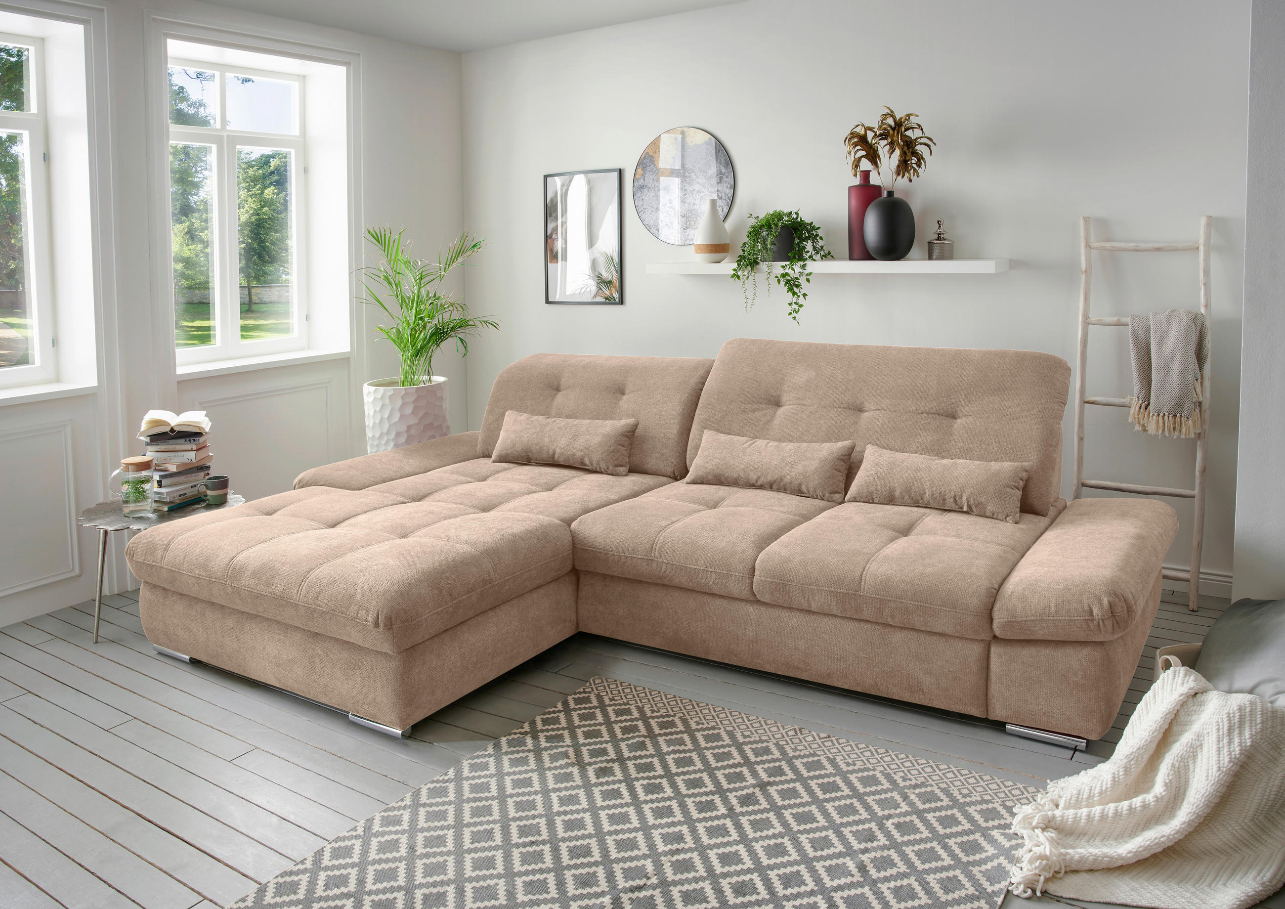 ECKSOFA Dalida Hellbraun Chenille  - Chromfarben/Hellbraun, Design, Textil/Metall (196/300cm) - Livetastic