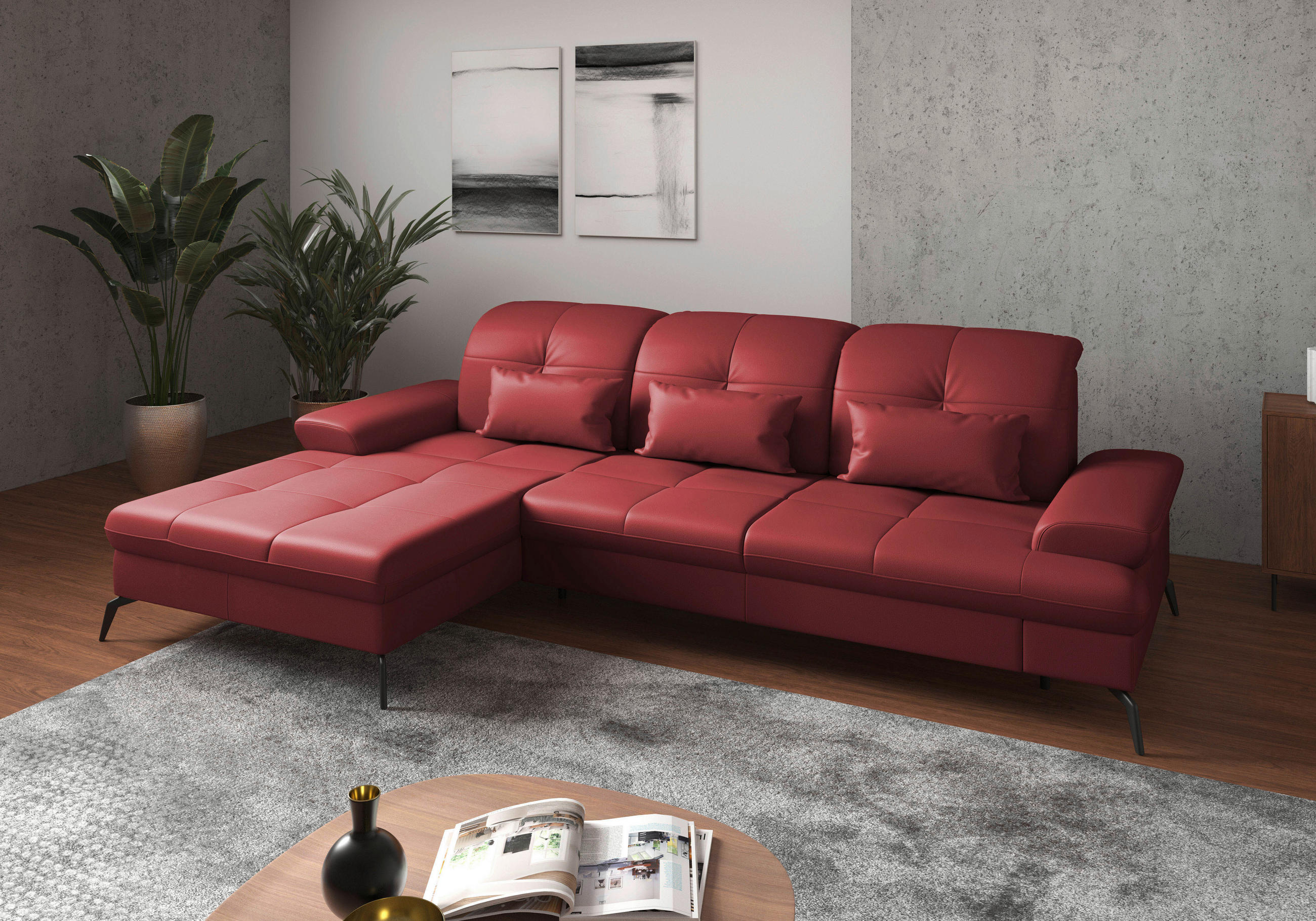 ECKSOFA in Vliesstoff Kombination Echtleder/Stoff Rot  - Rot/Schwarz, Konventionell, Leder/Textil (185/279cm) - Sit & More