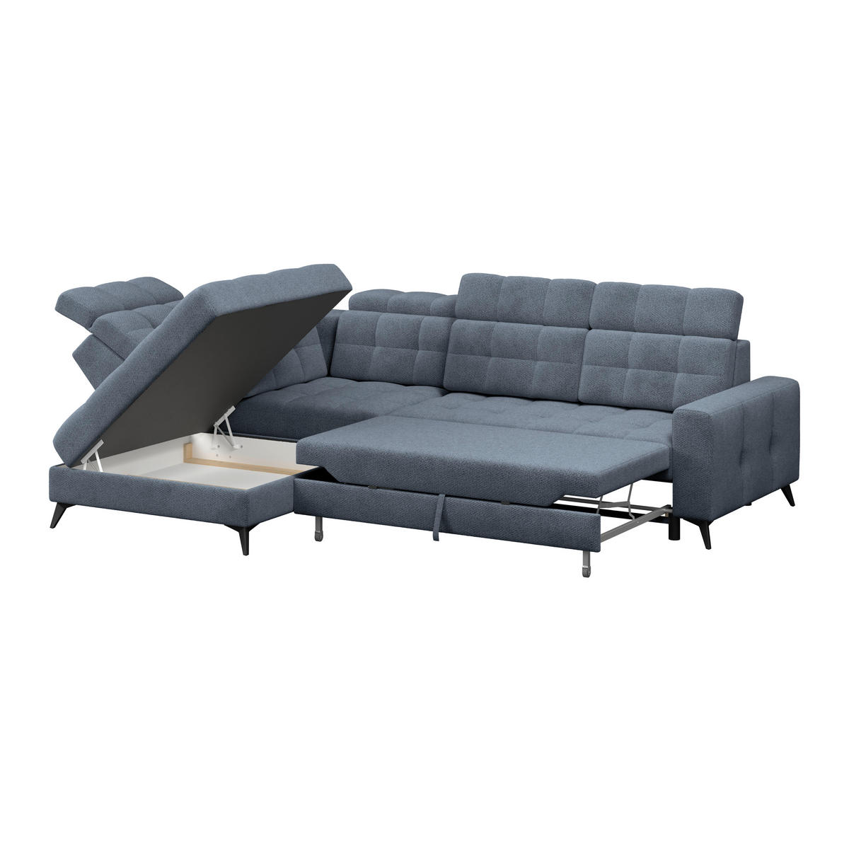 ECKSOFA BARLETTA NEW Blau Velours Bettkasten, Kopfteilverstellung, Sitztiefenverstellung, Liegefläche im Originalstoff  - Blau/Schwarz, ROMANTIK / LANDHAUS, Textil/Metall (228/289cm) - MID.YOU