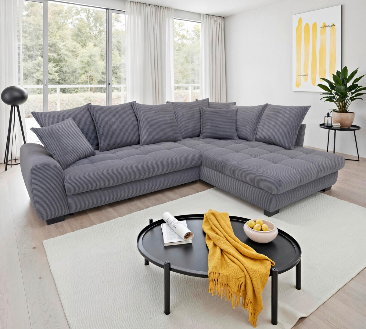 ECKSOFA Grau Cord Rückenkissen, Armlehnenkissen, Bettkasten, Schlaffunktion, Rücken echt, Liegefläche im Originalstoff  - Schwarz/Grau, KONVENTIONELL, Kunststoff/Textil (304/212cm) - Carryhome