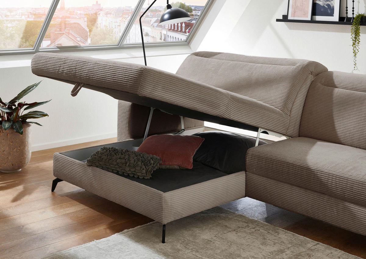 ECKSOFA inkl. Funktion Taupe Cord  - Taupe/Schwarz, KONVENTIONELL, Textil/Metall (178/290cm) - Cantus