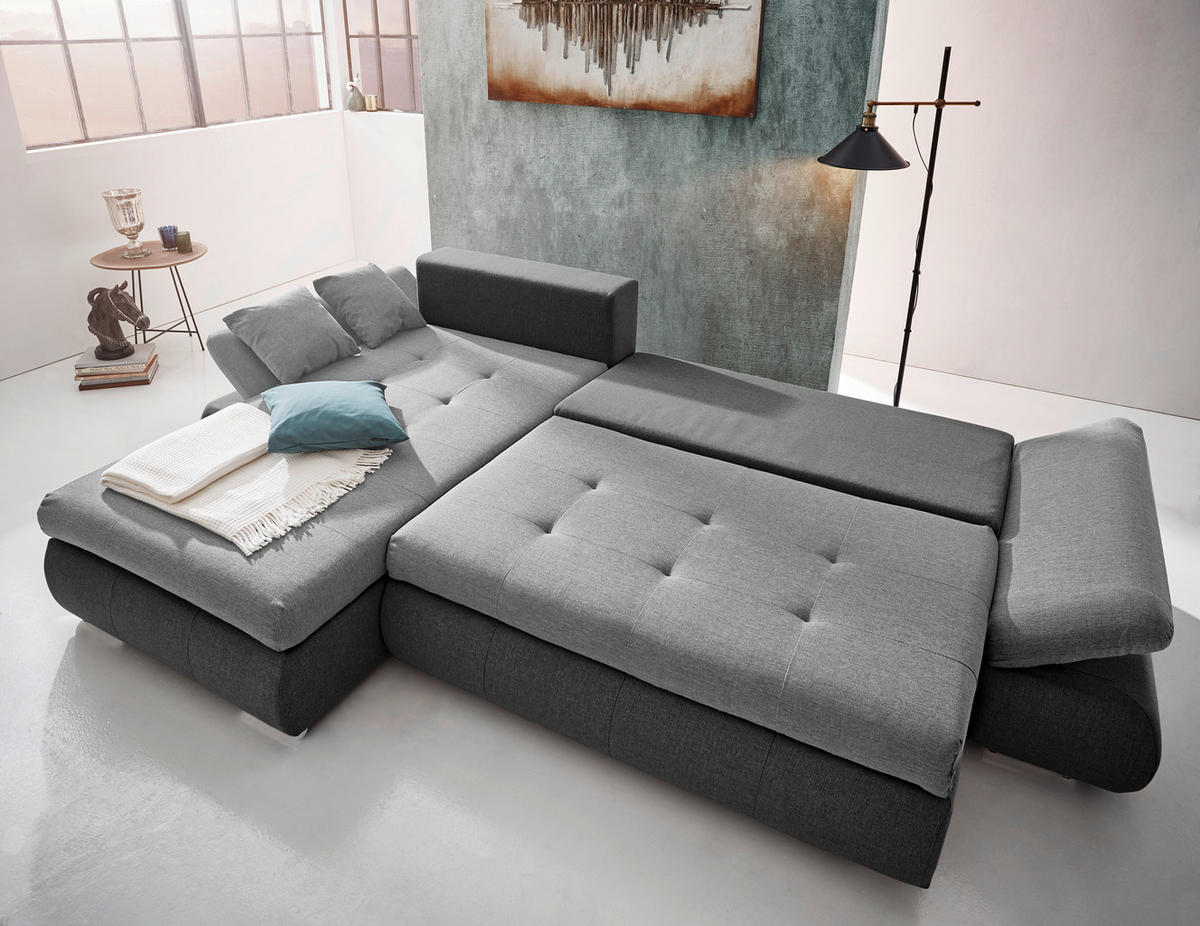 ECKSOFA Dunkelgrau, Hellgrau Webstoff  - Chromfarben/Dunkelgrau, Design, Kunststoff/Textil (302/187cm) - Carryhome