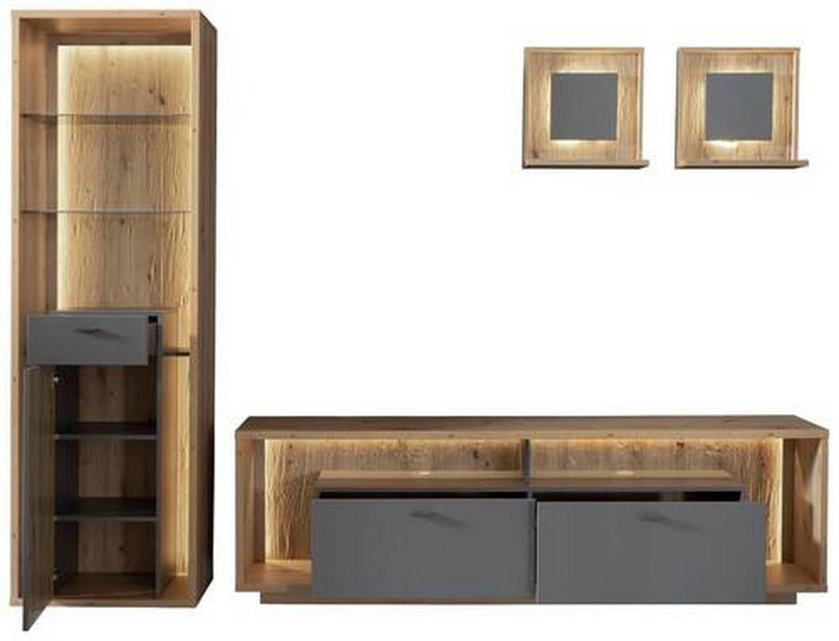 WOHNWAND  in Grau, Eichefarben 286/209/40 cm  - Eichefarben/Grau, Design, Glas/Holzwerkstoff (286/209/40cm) - MID.YOU