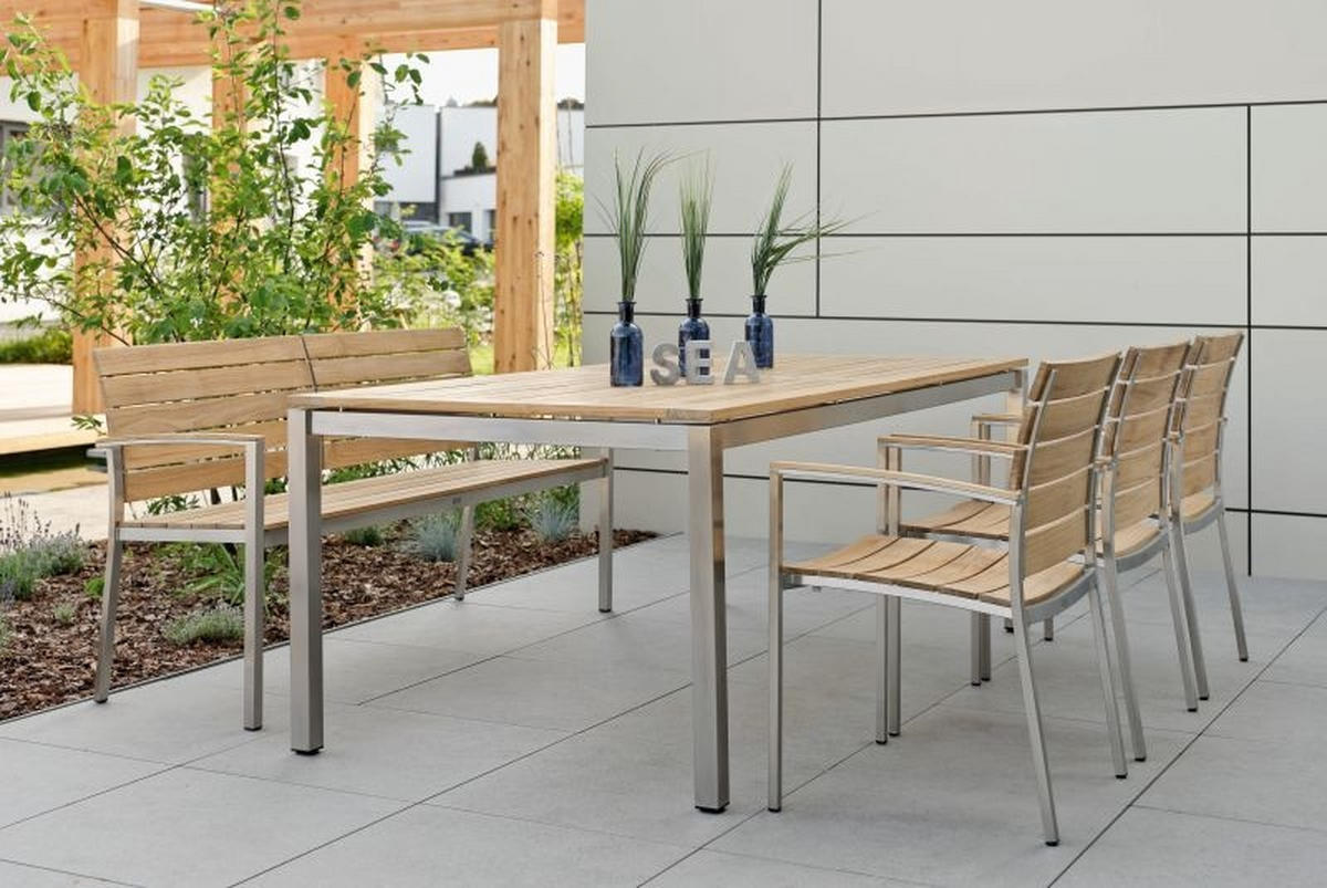 3-SITZER-BANK 160/83/55 cm  in Edelstahlfarben, Teakfarben  - Edelstahlfarben/Teakfarben, Design, Holz/Metall (160/83/55cm) - Stern