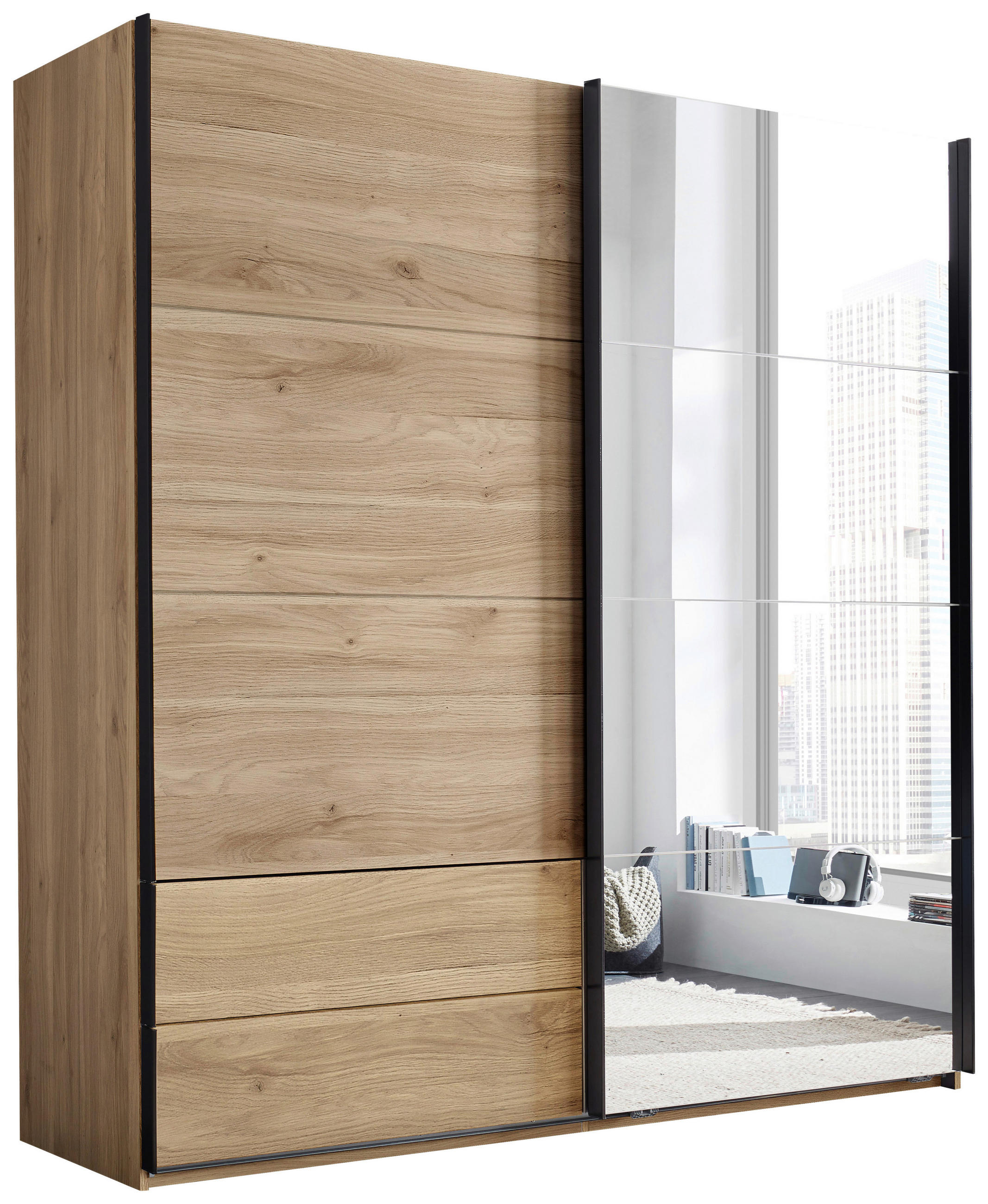 SCHWEBETÜRENSCHRANK 215/225,5/60,5 cm 2-türig Eichefarben  - Eichefarben/Schwarz, MODERN, Glas/Holzwerkstoff (215/225,5/60,5cm) - Xora