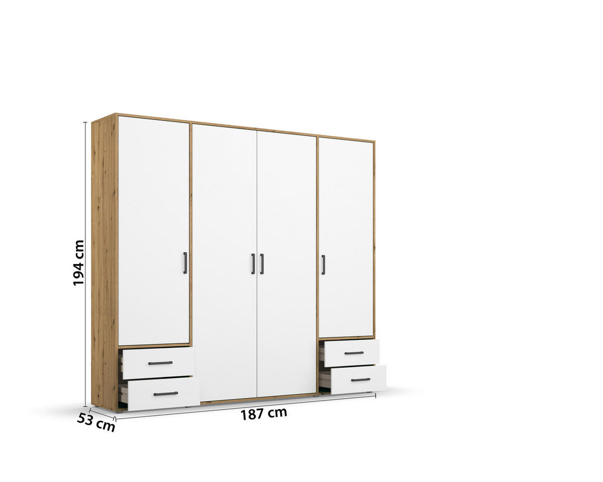 DREHTÜRENSCHRANK in Weiss, Eiche Artisan  - Weiss/Eiche Artisan, Modern, Holzwerkstoff/Kunststoff (187/194/53cm) - Rauch Möbel