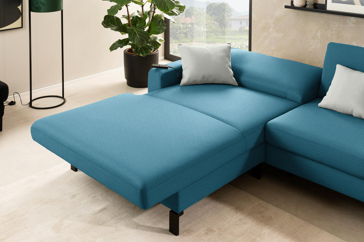 ECKSOFA  in Cord Petrol Rücken echt, Sitztiefenverstellung  185/298 cm  - Petrol/Schwarz, Design, Textil/Metall (185/298cm) - Pure Home Lifestyle
