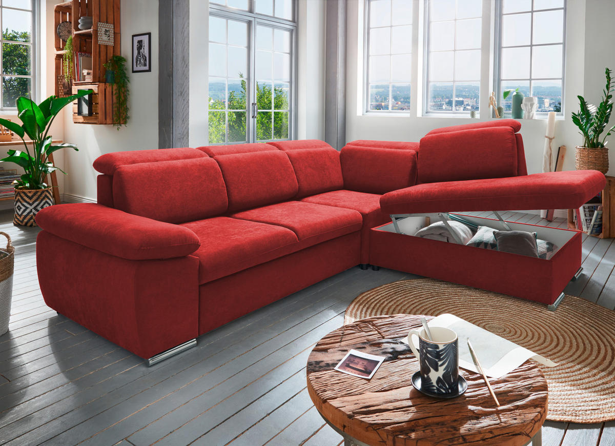 ECKSOFA Rot Mikrofaser  - Chromfarben/Rot, Design, Textil/Metall (283/228cm) - Livetastic