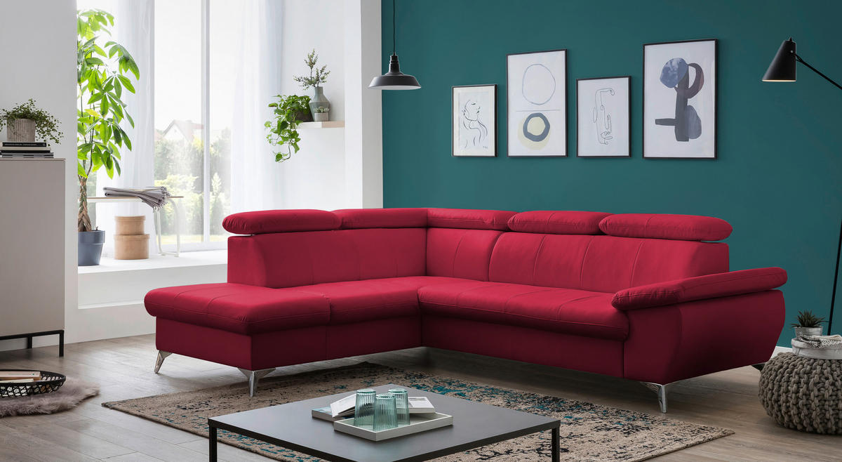 ECKSOFA in Lederlook Rot  - Chromfarben/Rot, KONVENTIONELL, Textil/Metall (209/256cm) - Livetastic