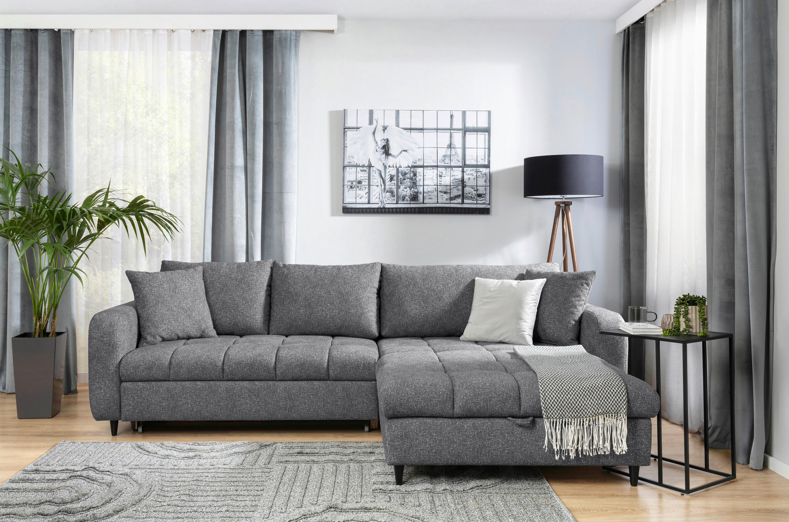 ECKSOFA inkl. Funktionen Grau Velours  - Schwarz/Grau, MODERN, Holz/Textil (282/184cm) - Lomoco
