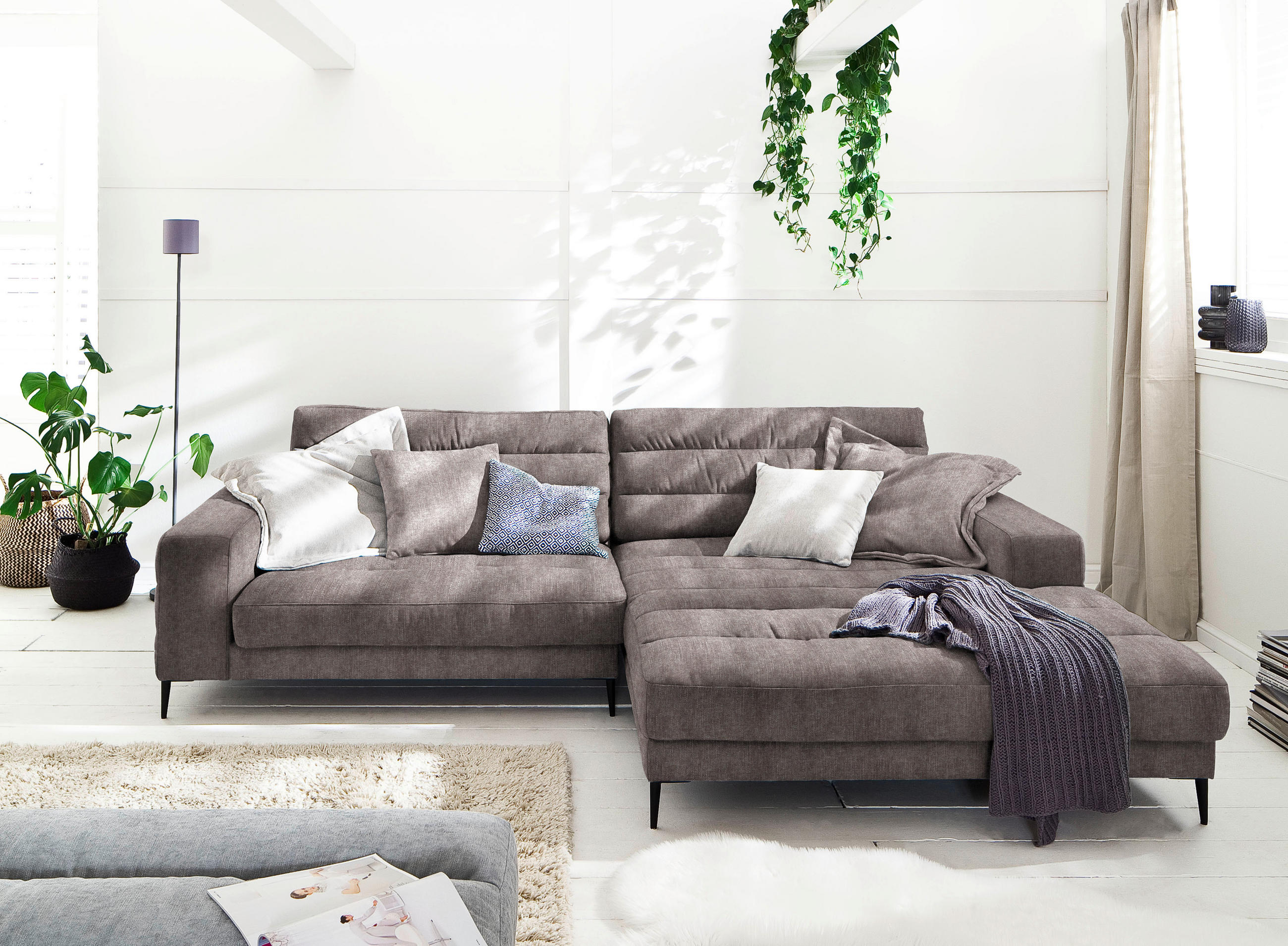 SEDEŽNA GARNITURA, gladka tkanina svetlo rjava  - svetlo rjava/črna, Design, kovina/tekstil (296/207cm) - Pure Home Lifestyle