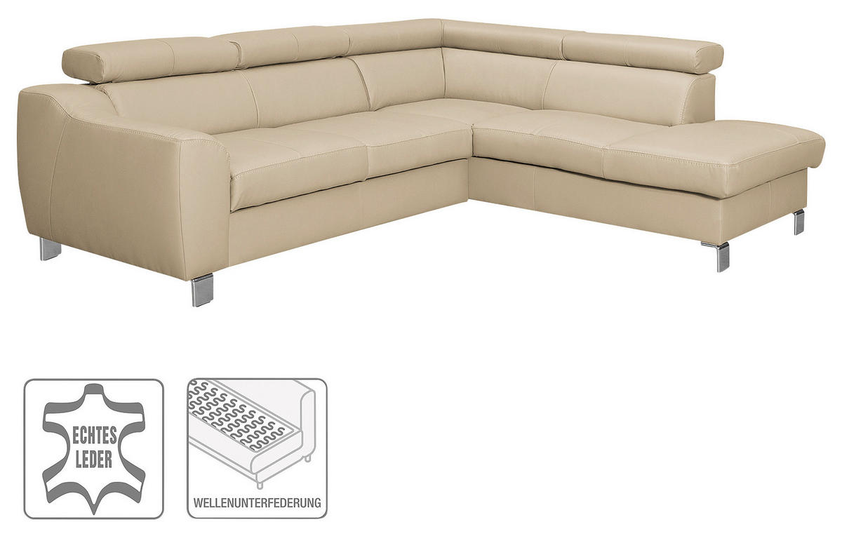 ECKSOFA Beige Echtleder Lederlook  - Chromfarben/Beige, Design, Leder/Textil (245/208cm) - Livetastic