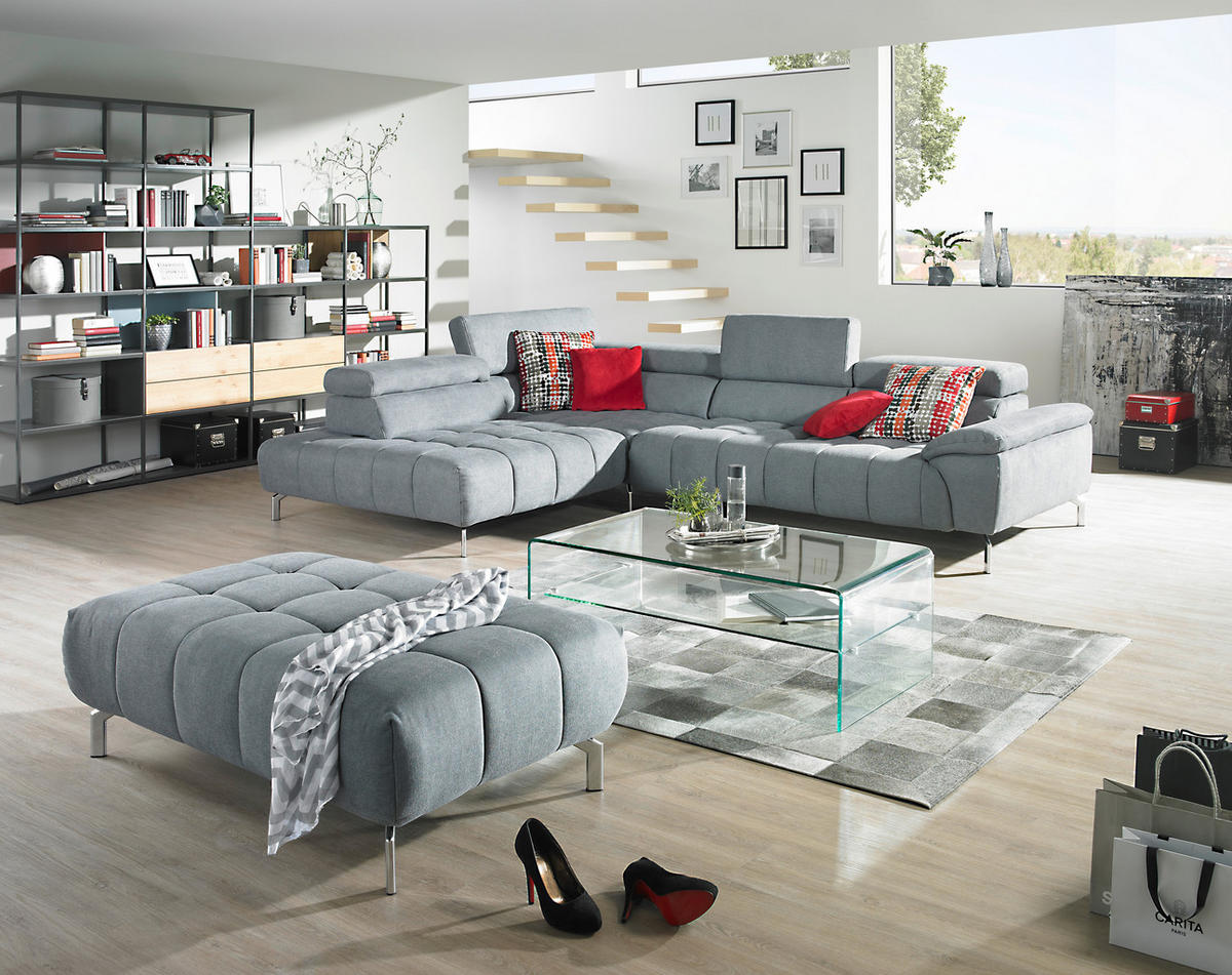 ECKSOFA Grau Chenille  - Chromfarben/Grau, Design, Textil/Metall (222/323cm) - Beldomo Style