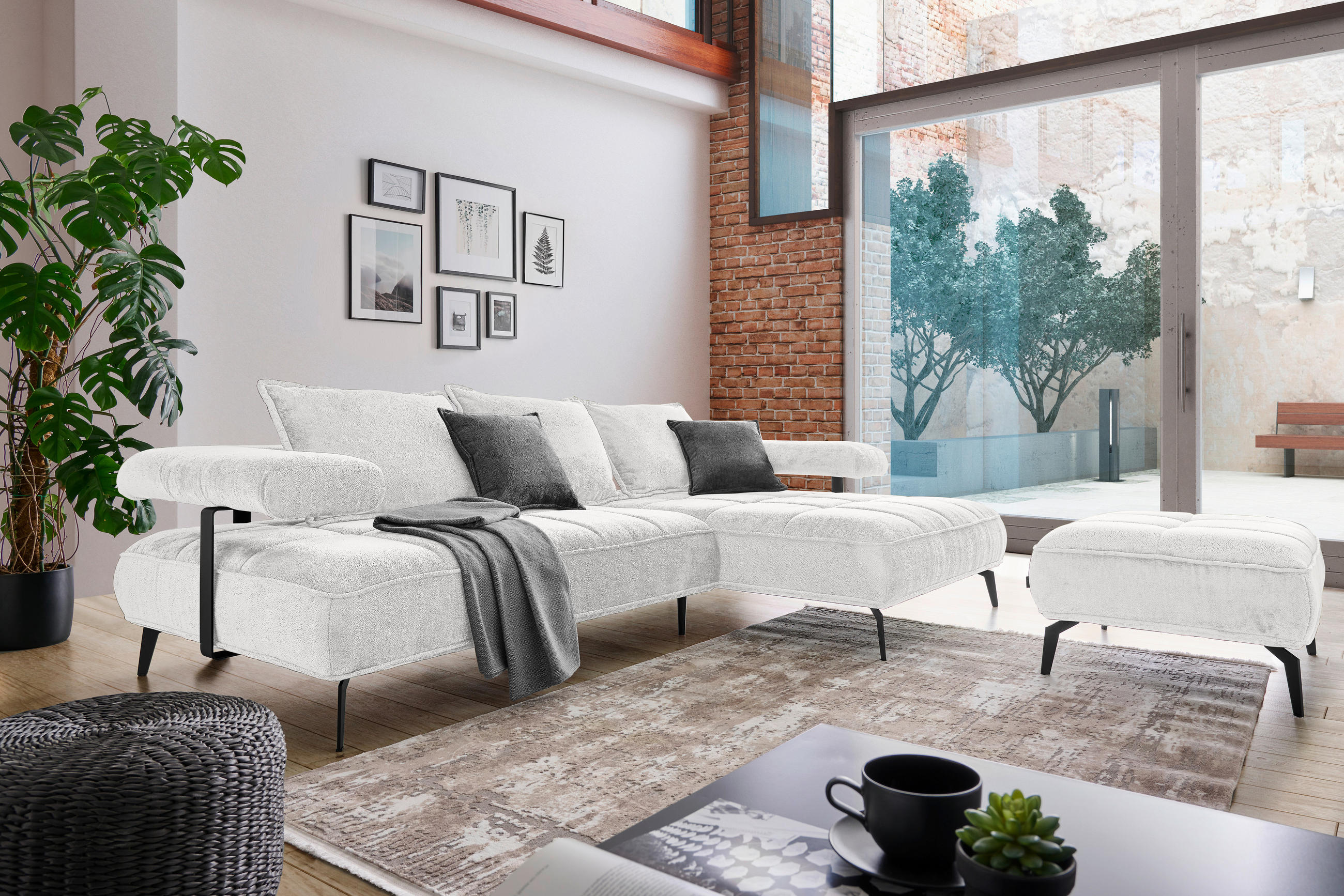 ECKSOFA in Webstoff Weiss  - Weiss/Schwarz, Design, Textil/Metall (266/180cm) - Welnova