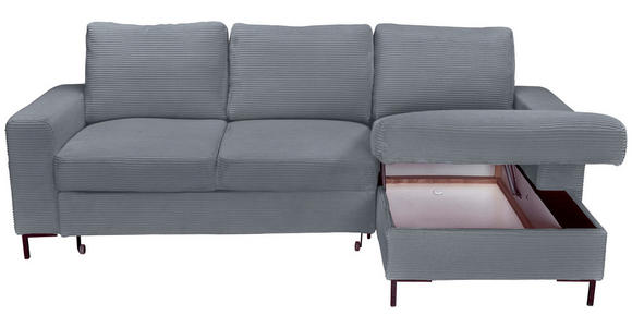ECKSOFA Dunkelgrau Cord Rückenkissen, Bettkasten, Schlaffunktion, Rücken echt, Liegefläche im Originalstoff  - Dunkelgrau/Schwarz, KONVENTIONELL, Textil/Metall (240/150cm) - Carryhome