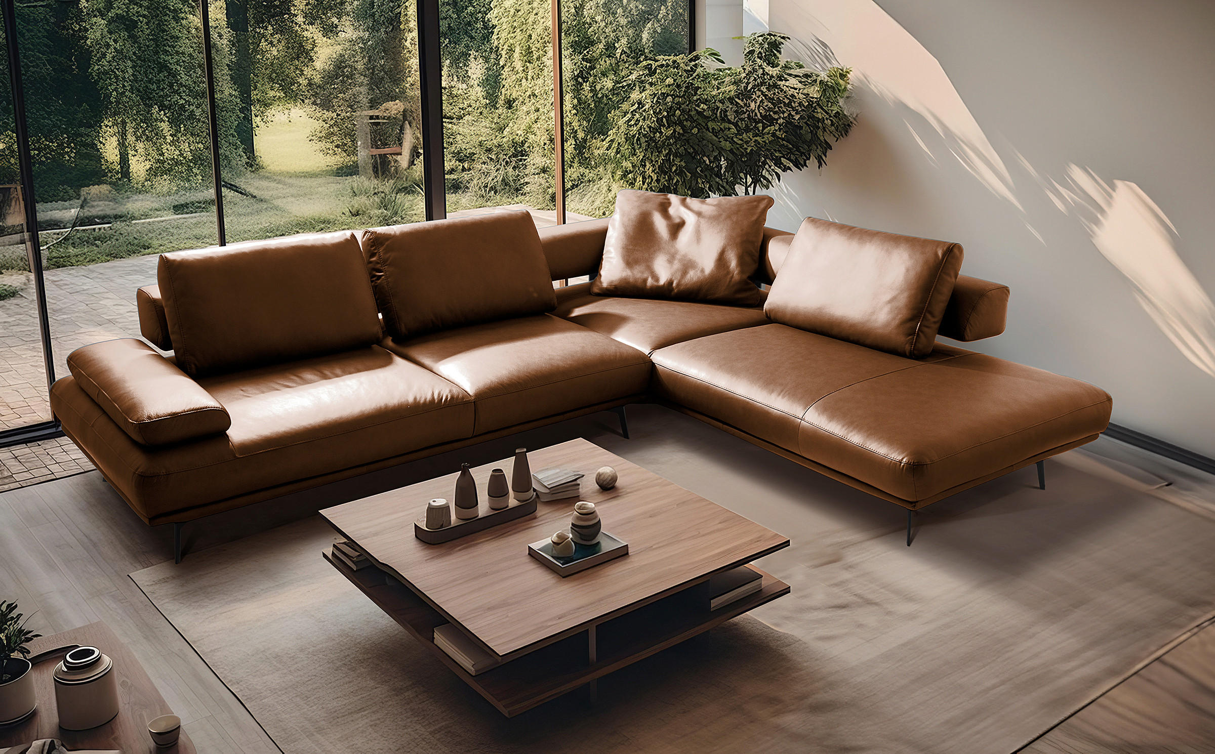 ECKSOFA  in Echtleder Cognac  306/237 cm  - Cognac/Schwarz, Design, Leder/Metall (306/237cm) - Livetastic