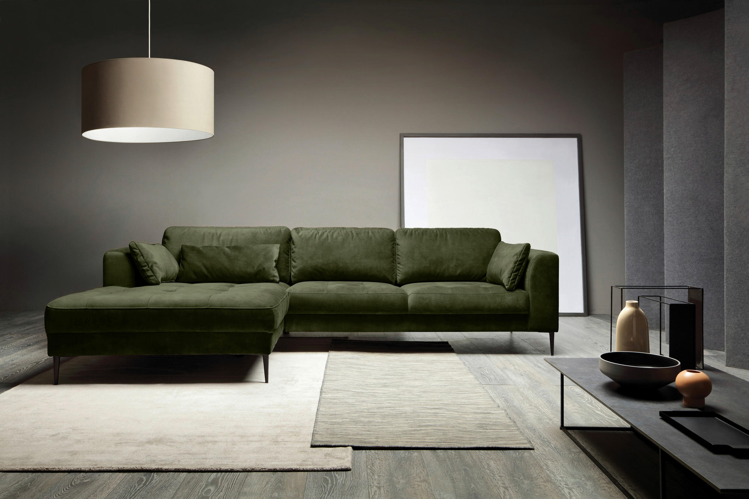 ECKSCHLAFSOFA in Mikrofaser Dunkelgrün  - Dunkelgrün/Schwarz, Modern, Textil (168/280cm) - Trendmanufaktur