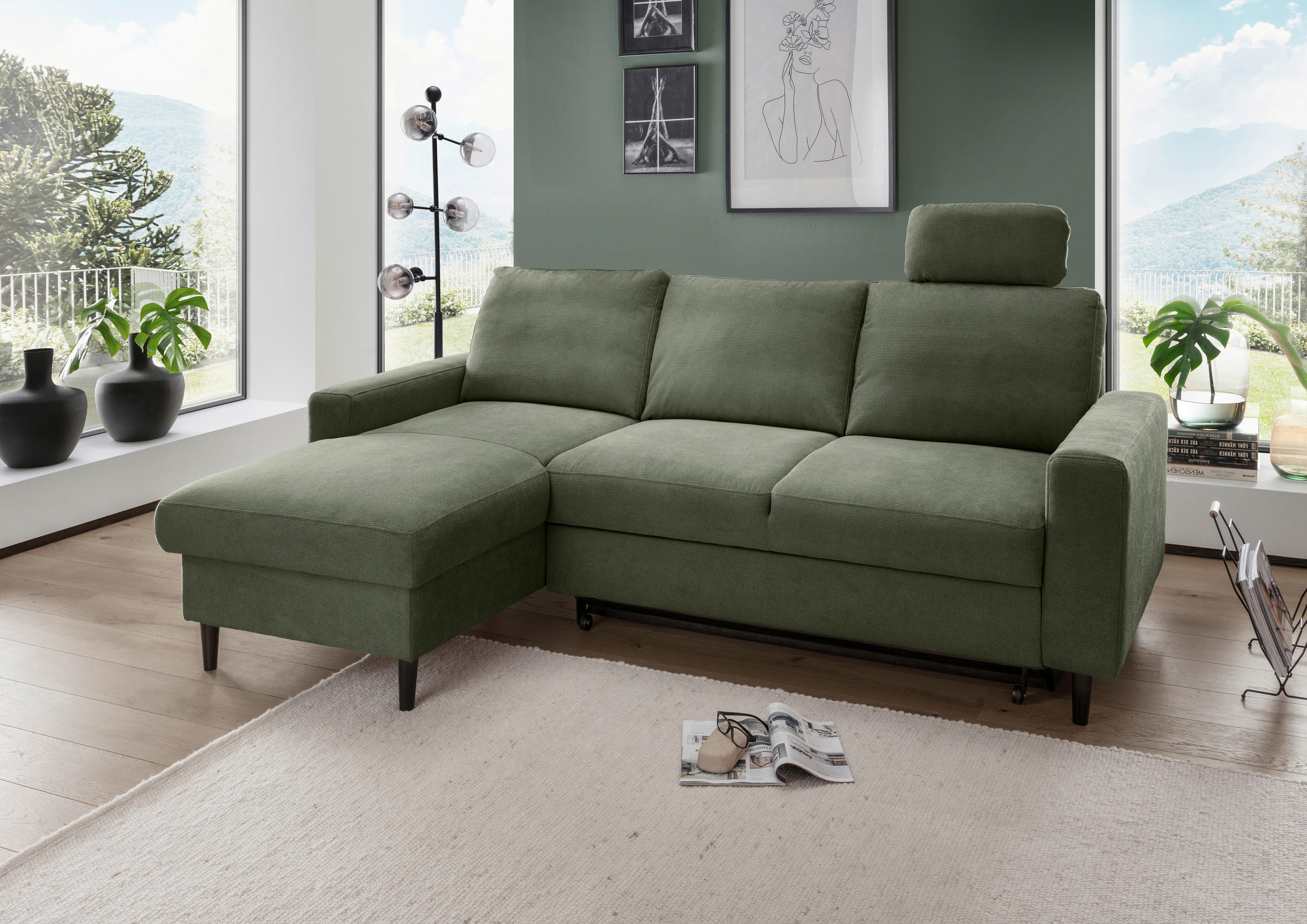 ECKSCHLAFSOFA in Chenille Dunkelgrün  - Dunkelgrün/Schwarz, Modern, Holz/Textil (147/234cm) - Livetastic