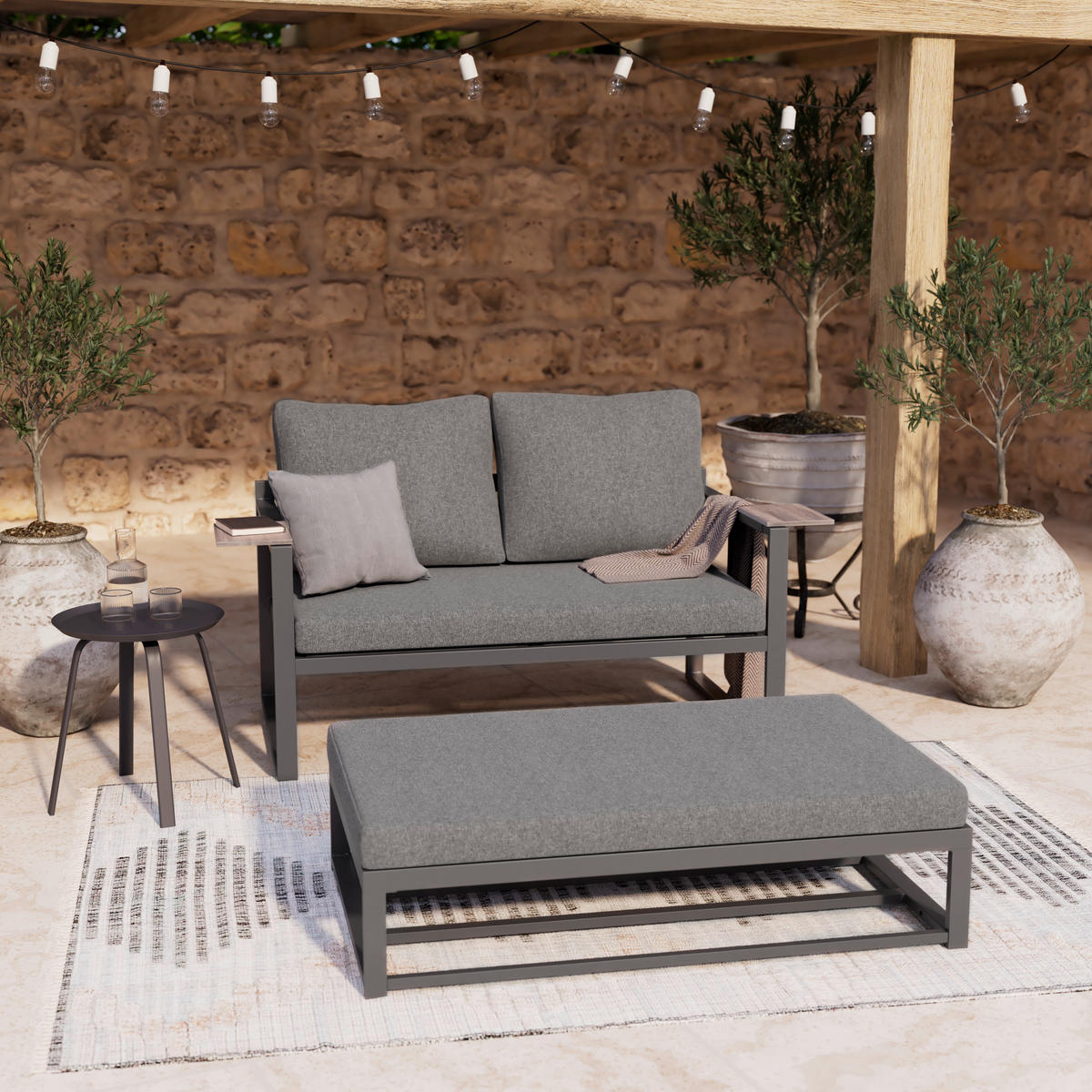 LOUNGEGARNITUR 2-teilig   155/65/74 cm Stahl  - Dunkelgrau/Anthrazit, MODERN, Kunststoff/Textil (155/65/74cm) - Ambia Garden