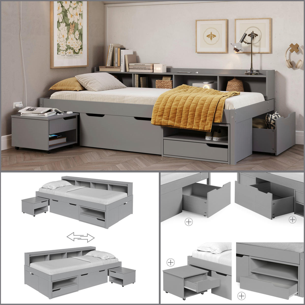 STAURAUMBETT 90/200 cm  Grau   - Naturfarben/Grau, Modern, Holz/Holzwerkstoff (90/200cm) - P & B