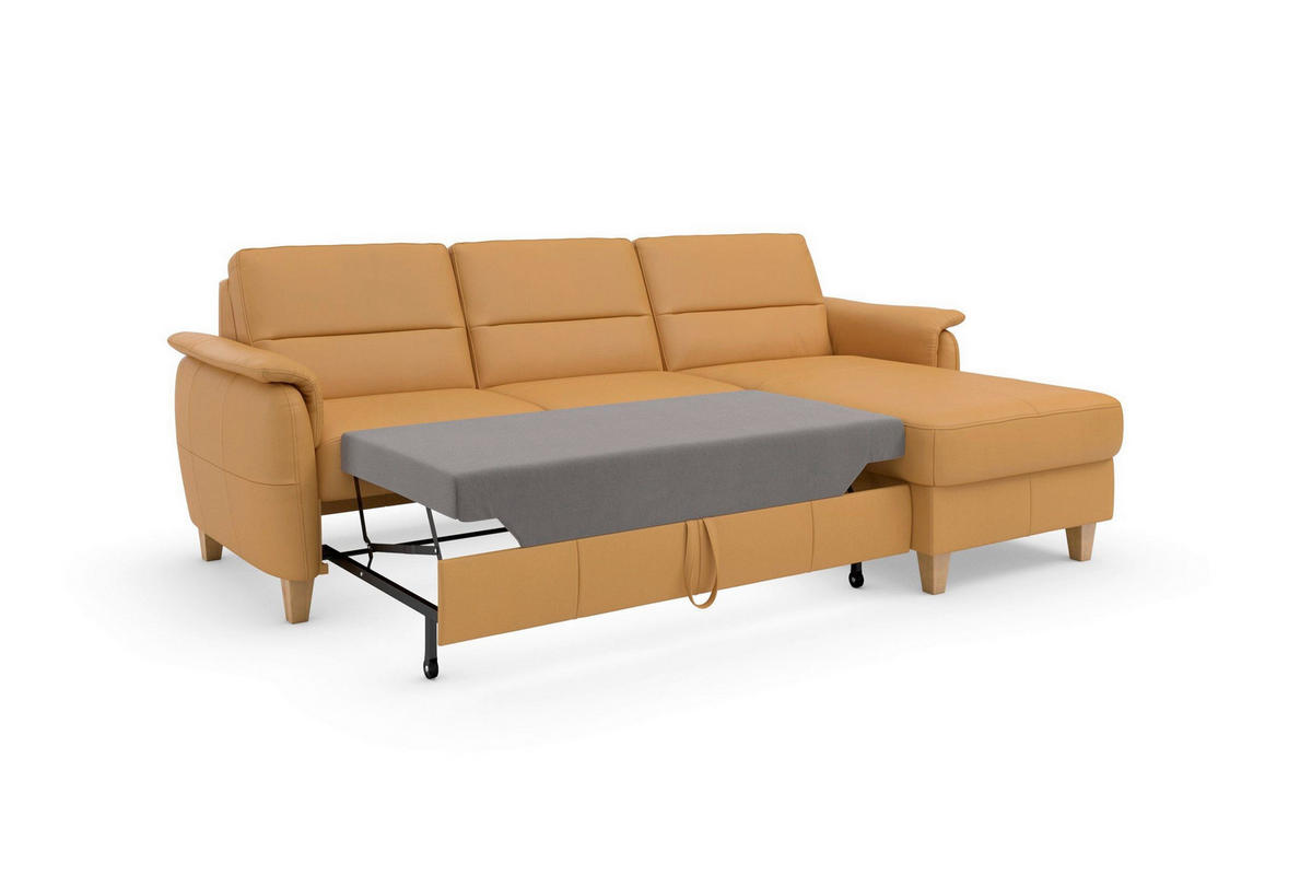 ECKSOFA PALMERA E Currygelb Kombination Echtleder/Stoff Mikrofaser Bettkasten  - Currygelb/Eichefarben, Basics, Leder/Holz (244/163cm) - Sit & More