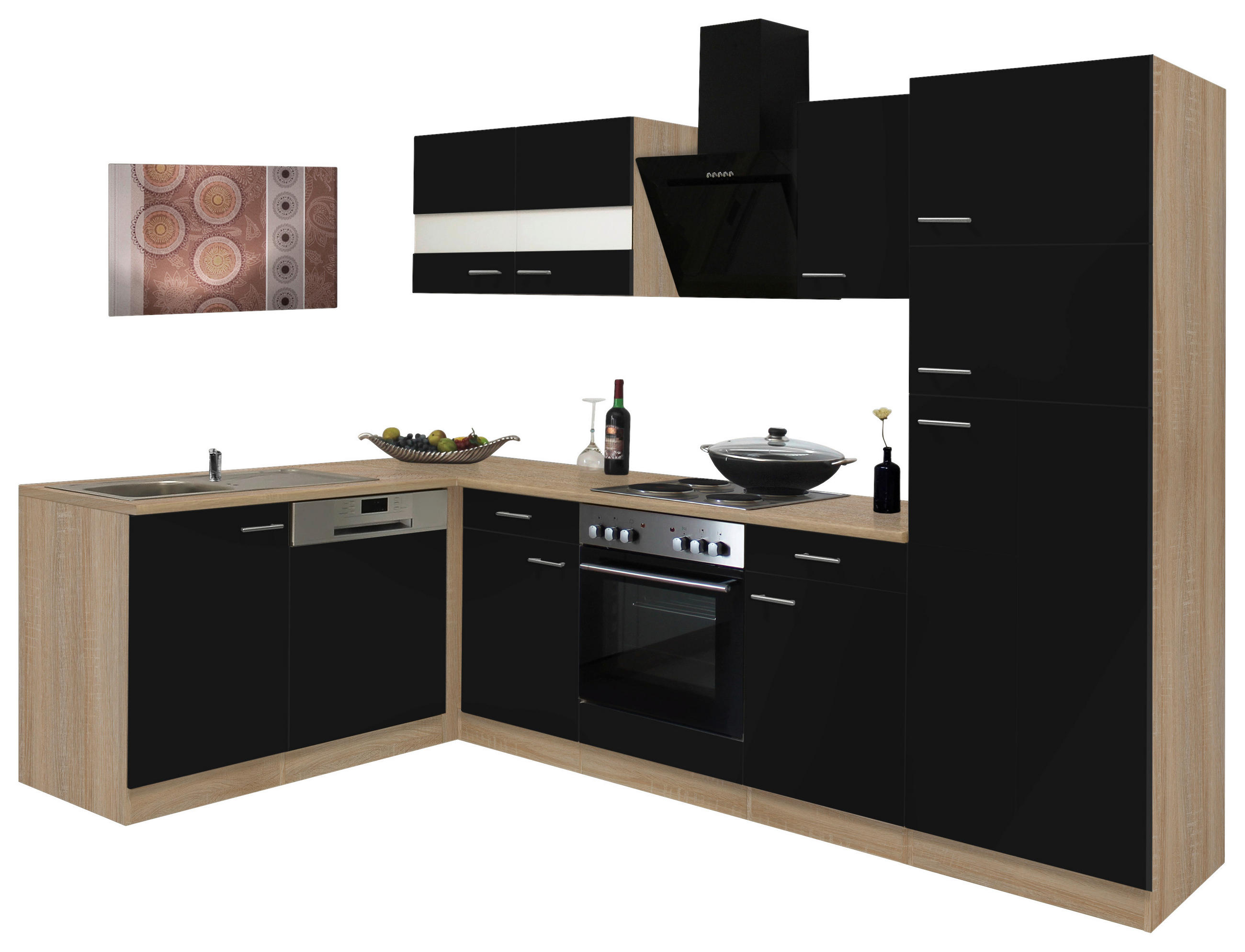 ECKKÜCHE 172/280 cm in Schwarz, Eichefarben - Eichefarben/Schwarz, Basics, Glas/Holzwerkstoff (172/280cm) - Respekta