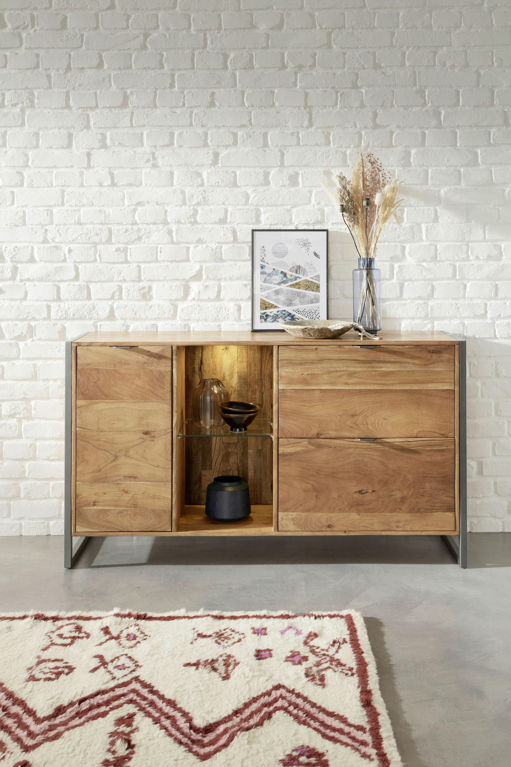 SIDEBOARD Akazie vollmassiv Akaziefarben Beleuchtung, Trafo - Anthrazit/Akaziefarben, Basics, Glas/Holz (160/80/40cm) - Livetastic