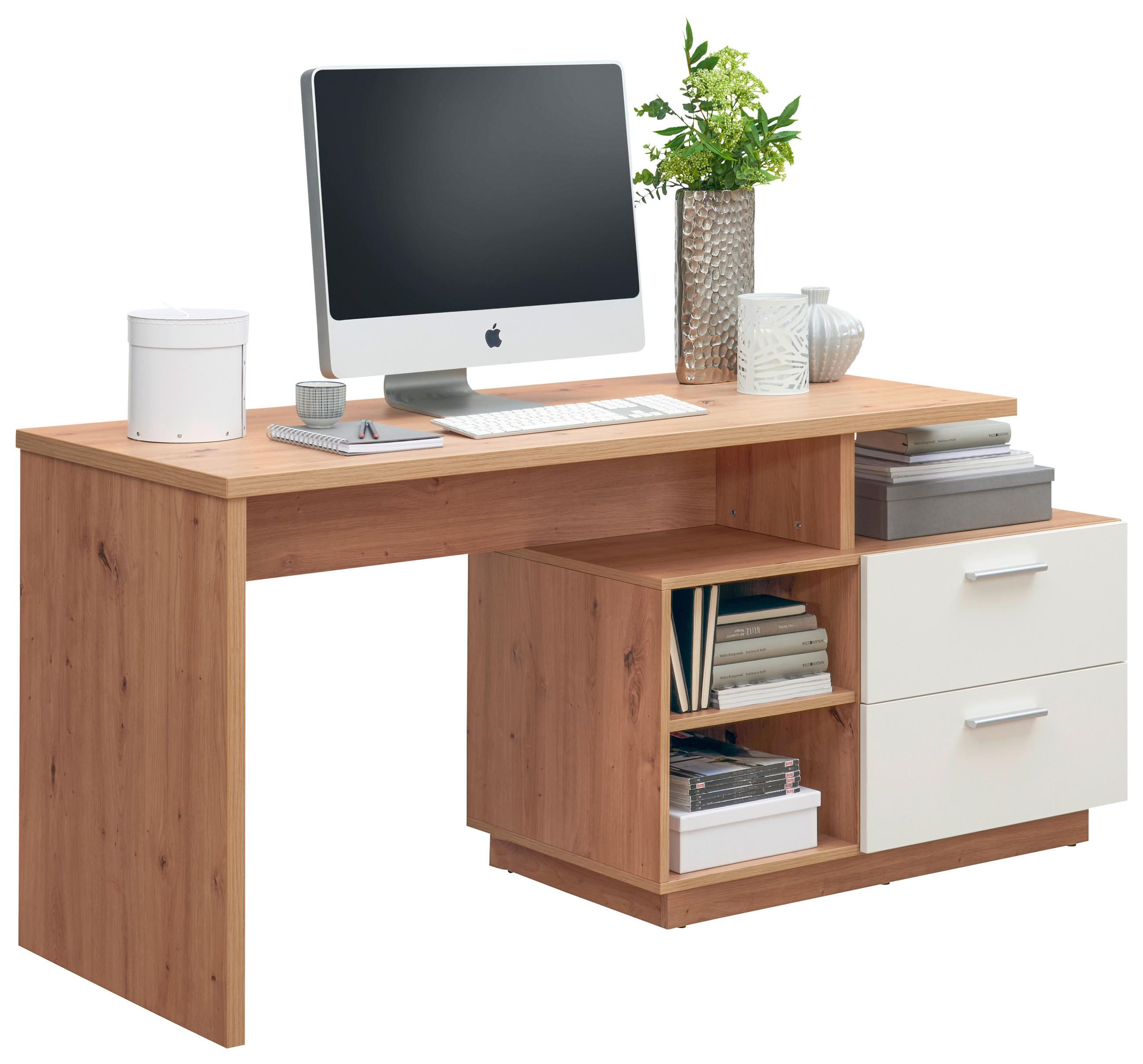SCHREIBTISCH 166/65/75 cm in Weiß, Eiche Artisan - Silberfarben/Weiß, KONVENTIONELL, Holzwerkstoff/Kunststoff (166/65/75cm) - Xora