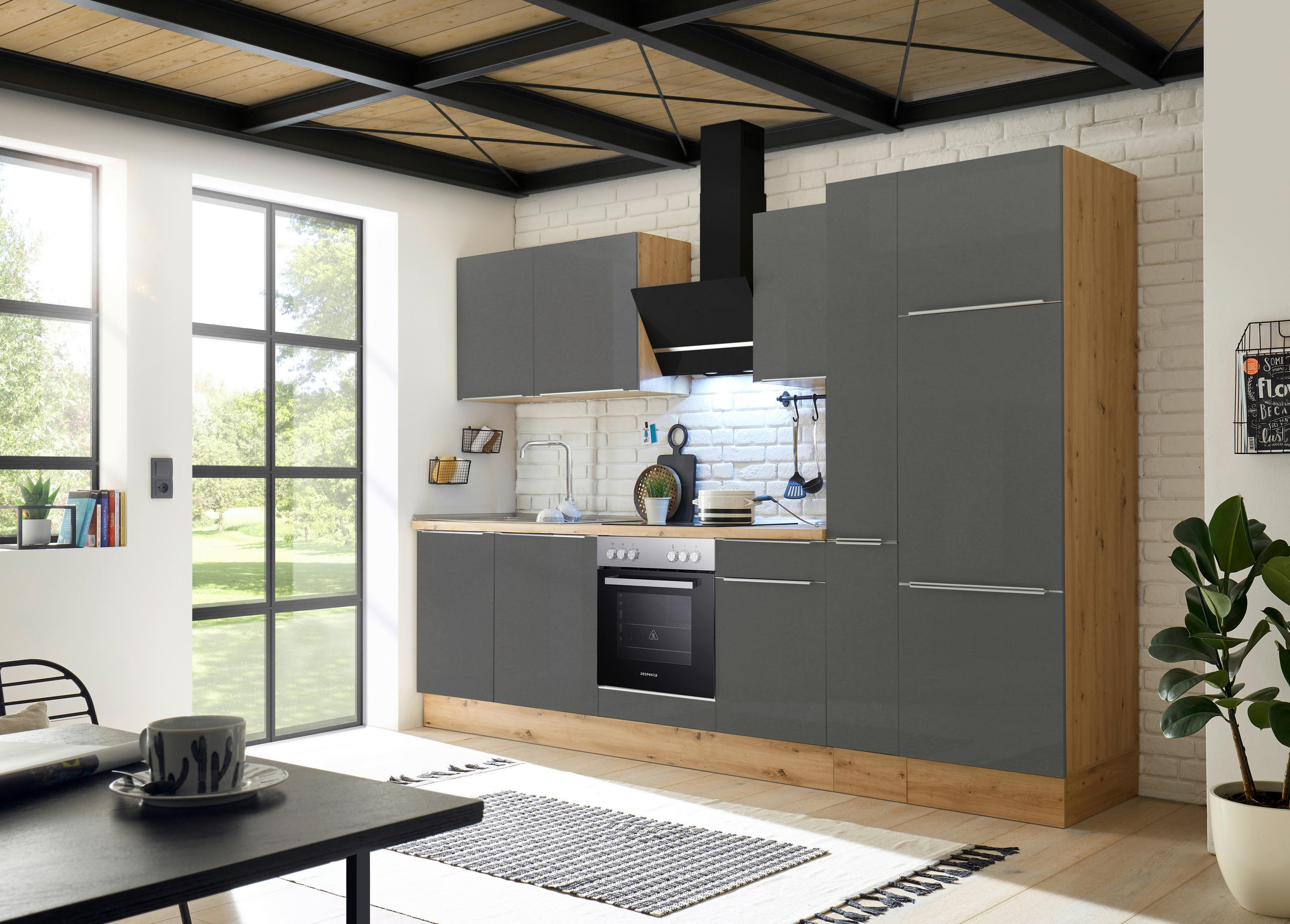 MODULKÖK 310 cm   i grå, ek Artisan  - aluminiumfärg/ek Artisan, Lifestyle, trämaterial/plast (310cm) - Respekta