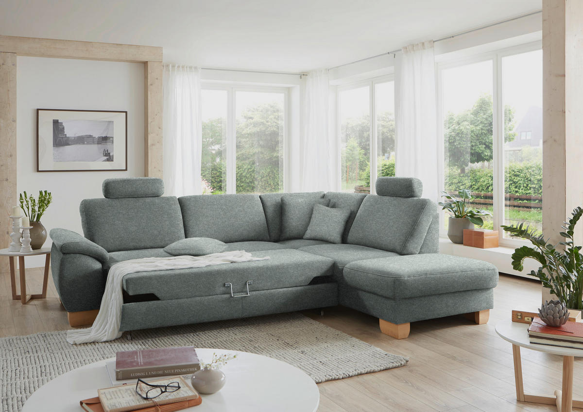 ECKSOFA in Mikrofaser Grau  - Wildeiche/Beige, Natur, Holz/Textil (286/236cm) - Voleo