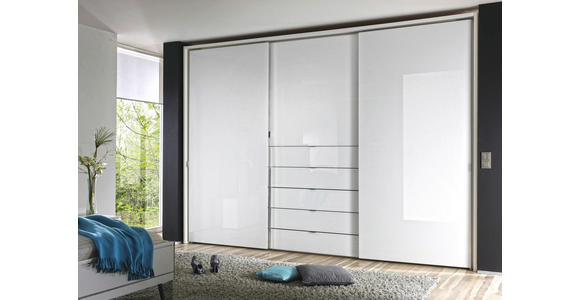 SCHWEBETÜRENSCHRANK  in Weiß  - Chromfarben/Weiß, Design, Glas/Holzwerkstoff (298/222/68cm) - Moderano