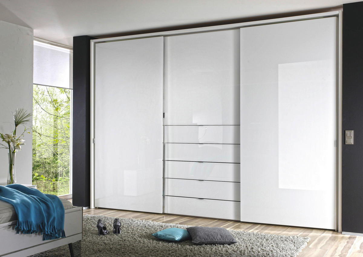 SCHWEBETÜRENSCHRANK in Weiss  - Chromfarben/Weiss, Design, Glas/Holzwerkstoff (300/240/68cm) - Moderano