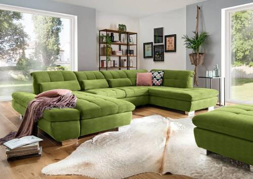 WOHNLANDSCHAFT in Mikrofaser Grün  - Chromfarben/Grün, Design, Kunststoff/Textil (211/350/204cm) - Xora