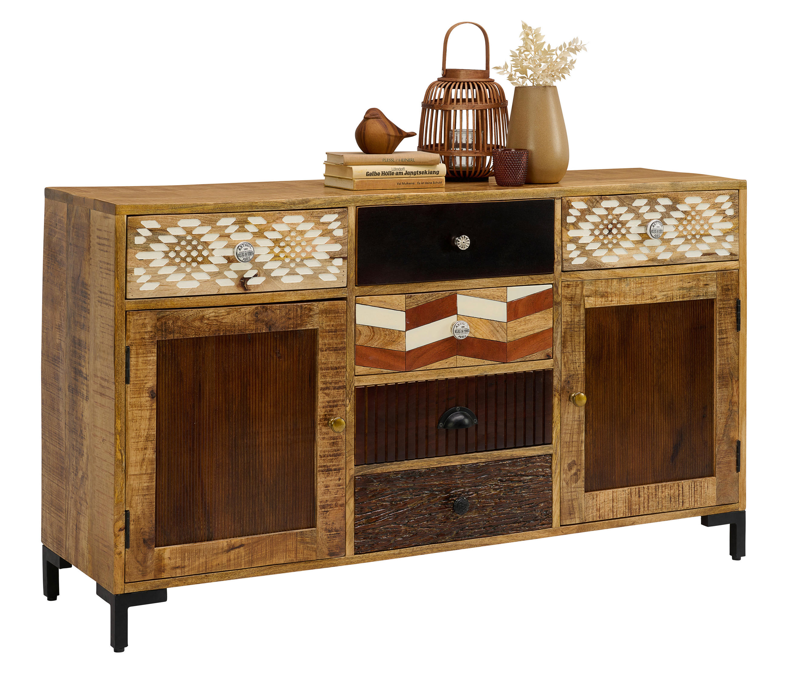Landscape Sideboard Braun, Mehrfarbig, Akazie, Kupfer 140x80x40 cm