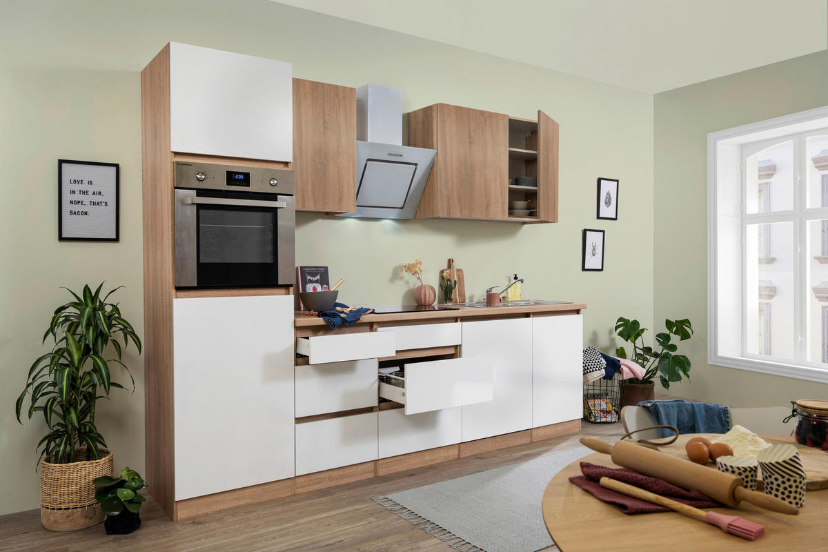 KÜCHENBLOCK 280 cm   in Eichefarben, Weiss Hochglanz  - Weiss Hochglanz/Eichefarben, Basics, Holzwerkstoff (280cm) - Respekta