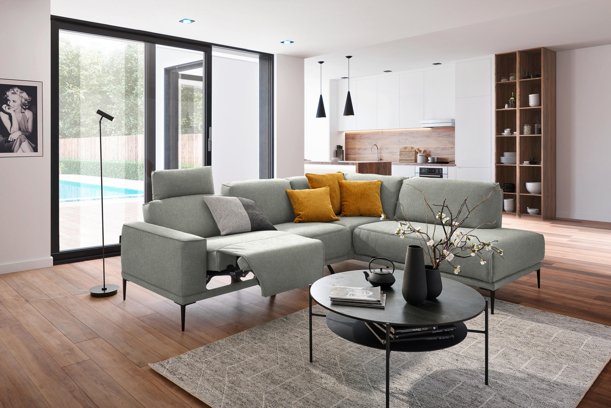 ECKSOFA in Flachgewebe Beige  - Beige/Schwarz, Design, Textil/Metall (260/210cm) - Johann Jakob