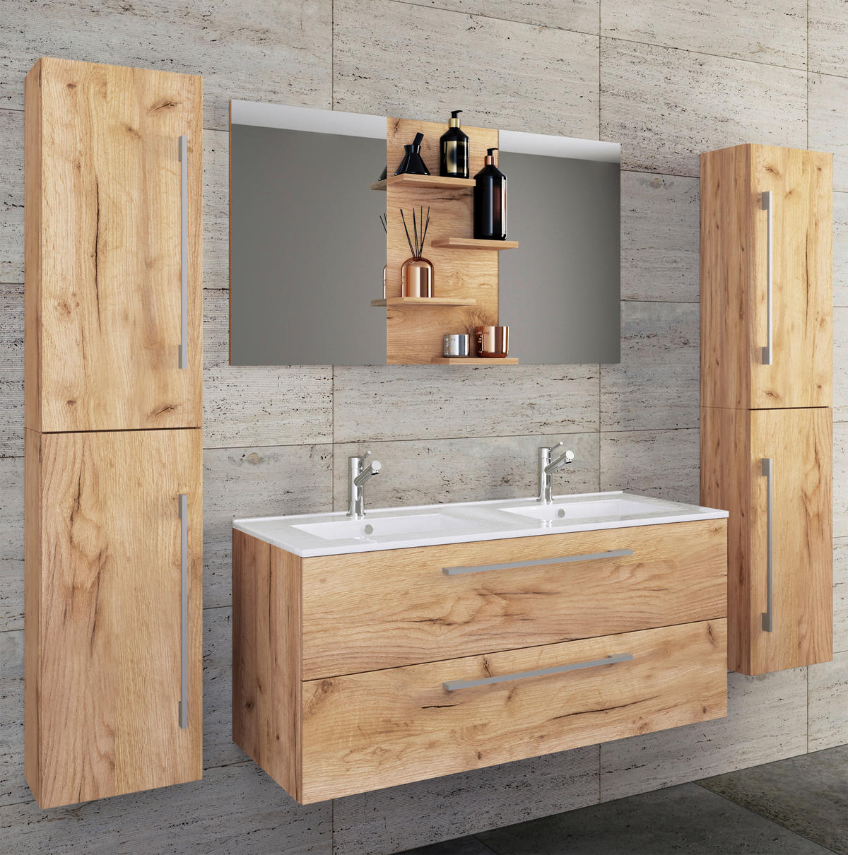 BADEZIMMER 5-teilig  in 178 cm  - Honigeiche/Alufarben, MODERN, Keramik/Holzwerkstoff (178cm) - MID.YOU