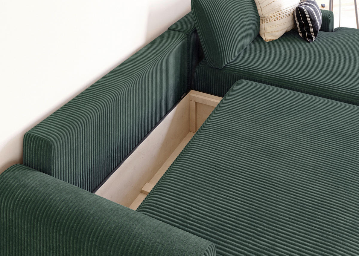 ECKSCHLAFSOFA  mit Schlafen auf Sitzhöhe, Rücken echt, Armteil links, Armteil rechts Cord Dunkelgrün  - Dunkelgrün/Schwarz, MODERN, Kunststoff/Textil (253/167cm) - Trendmanufaktur