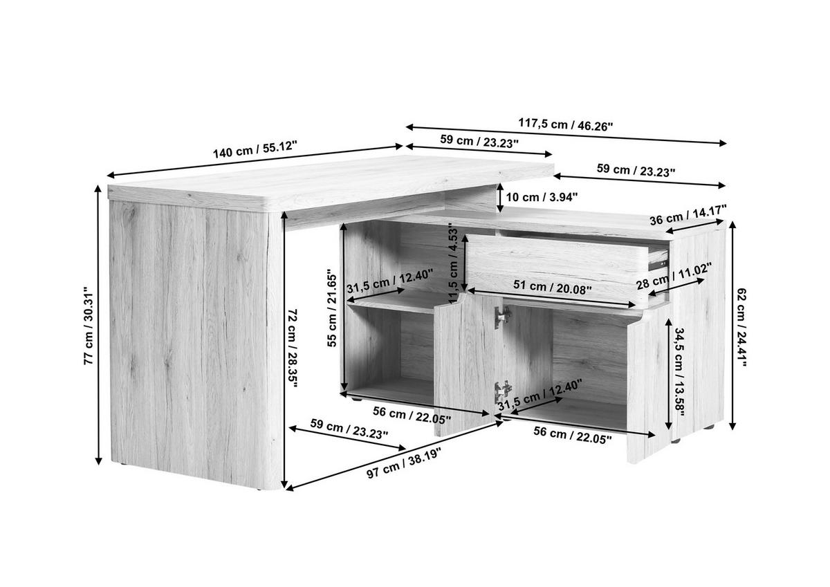 PSACÍ STŮL S ÚLOŽNÝM PROSTOREM, bílá, barvy dubu, 140/77/117,5 cm - bílá/barvy dubu, Konvenční, kompozitní dřevo (140/77/117,5cm) - Venda