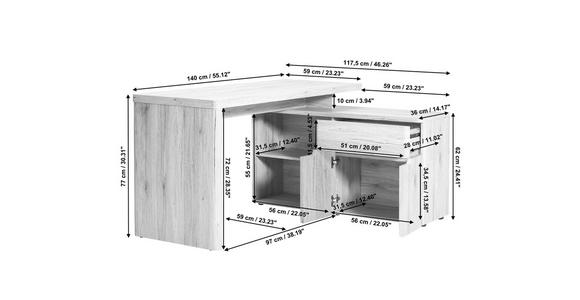 SCHREIBTISCHKOMBINATION in Weiß, Eichefarben - Eichefarben/Weiß, KONVENTIONELL, Holzwerkstoff (140/77/117,5cm) - Venda
