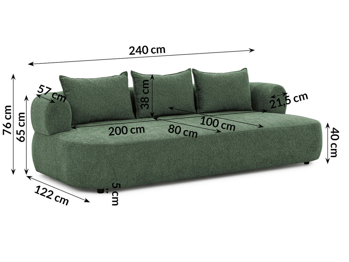 BIGSOFA in Chenille Grün  - Schwarz/Grün, Design, Kunststoff/Textil (240/76/122cm) - Livetastic