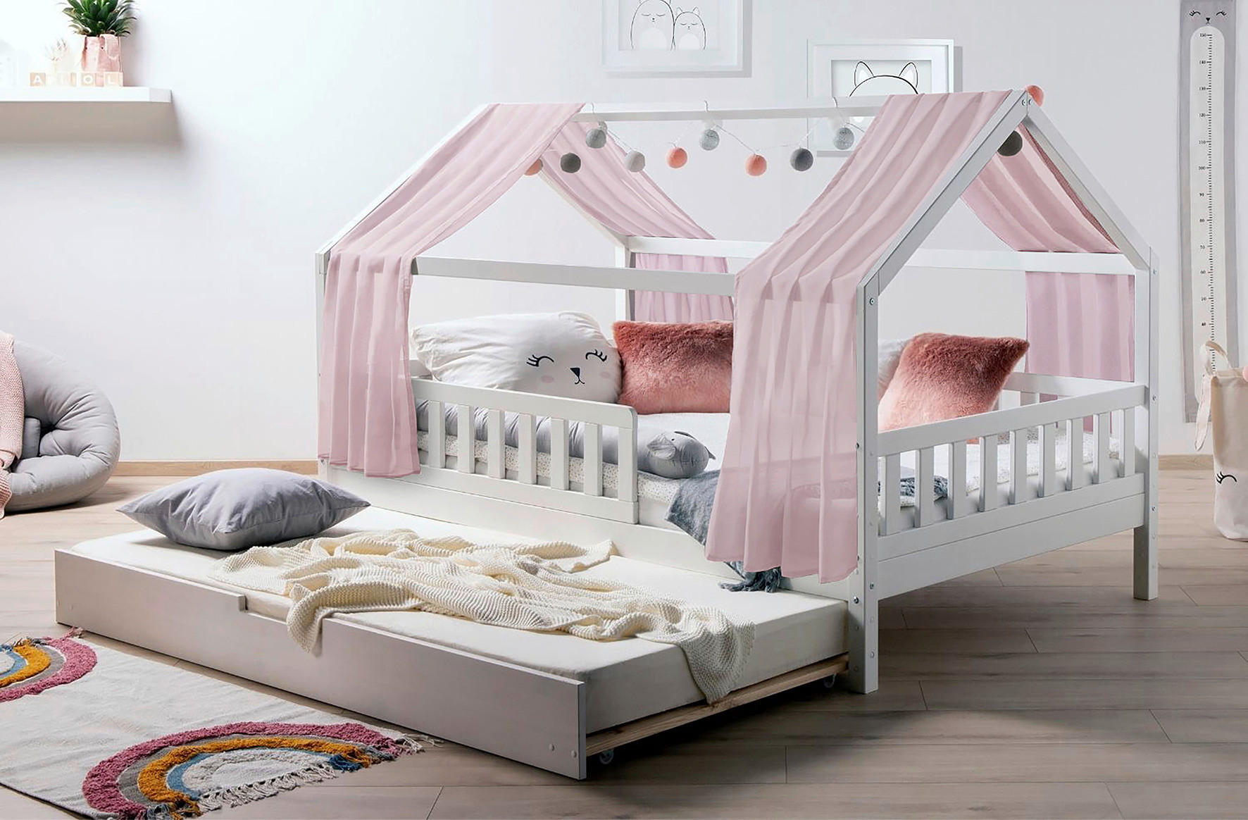 HAUSBETT 140/200 cm,  in Weiß, Altrosa  - Altrosa/Naturfarben, MODERN, Holz/Textil (140/200cm) - MID.YOU